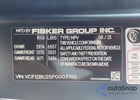 2023 Fisker Ocean One z USA, uszkodzony, nr VIN VCF1ZBU25PG003740